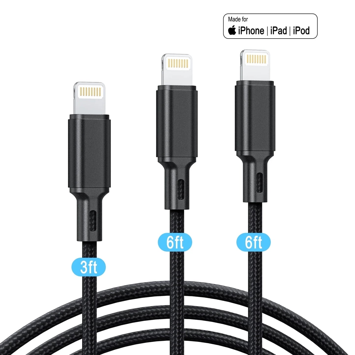 Lightning Cable, 3Pack [Apple Mfi Certified] Nylon Fast Charging (3/6/6Ft)，Compatible with Iphone 14/13/12/11 Pro Max/Pro 13/12 Mini MAX XS Xr X 6 Airpods Ipad, Black