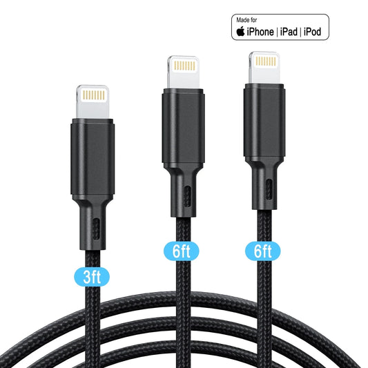 Lightning Cable, 3Pack [Apple Mfi Certified] Nylon Fast Charging (3/6/6Ft)，Compatible with Iphone 14/13/12/11 Pro Max/Pro 13/12 Mini MAX XS Xr X 6 Airpods Ipad, Black