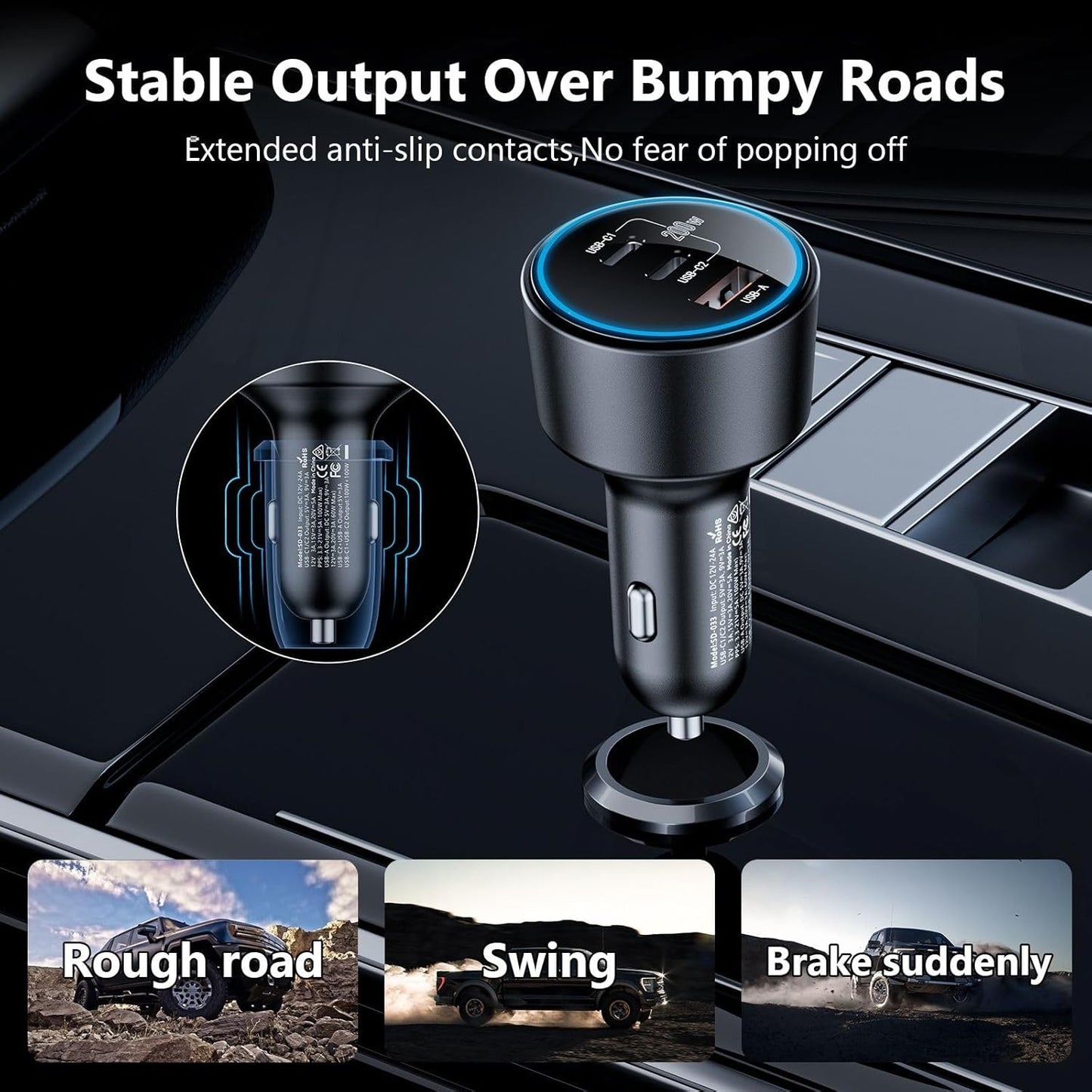 USB C Car Charger Fast Charging 200W, Dual PD 100W Type C Car Charger, PD3.0/QC4