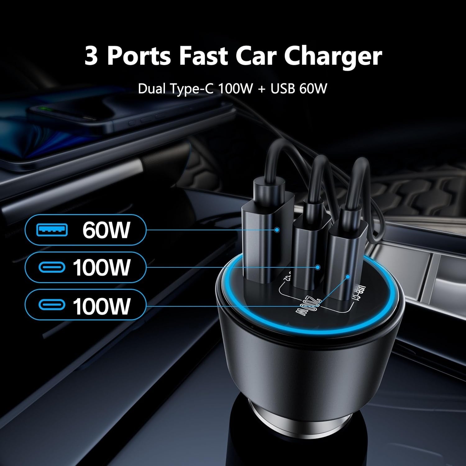 USB C Car Charger Fast Charging 200W, Dual PD 100W Type C Car Charger, PD3.0/QC4