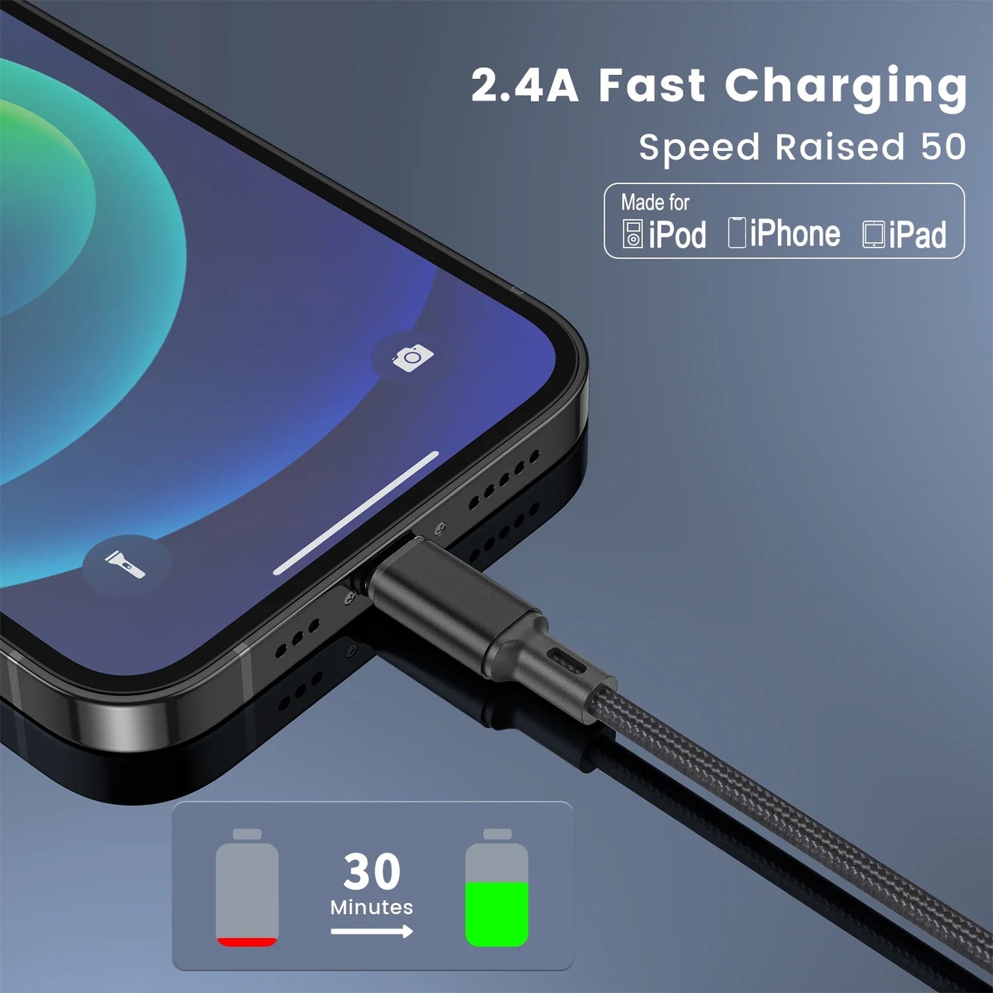 Lightning Cable, 3Pack [Apple Mfi Certified] Nylon Fast Charging (3/6/6Ft)，Compatible with Iphone 14/13/12/11 Pro Max/Pro 13/12 Mini MAX XS Xr X 6 Airpods Ipad, Black